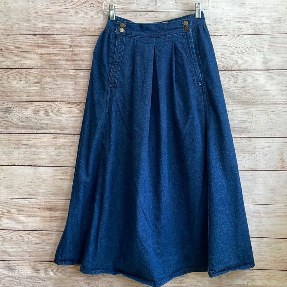 VINTAGE PEDDLERS‎ DENIM MODEST MAXI SKIRT IN NAVY BLUE